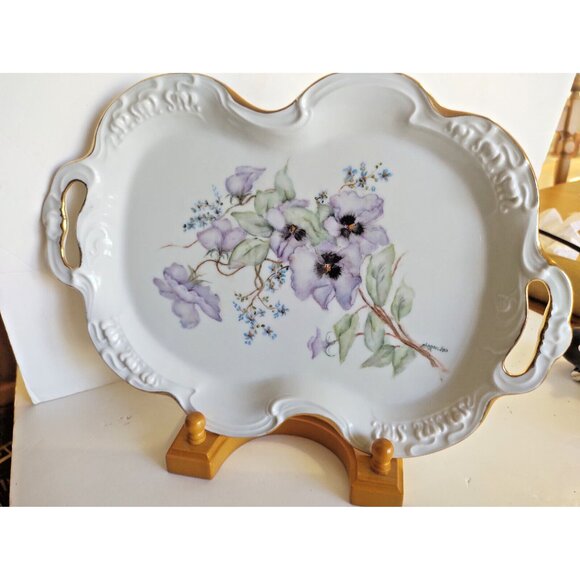 Hand Painted Clematis Flower Serving Platter with Gold Accents Artist Signed - Picture 1 of 12